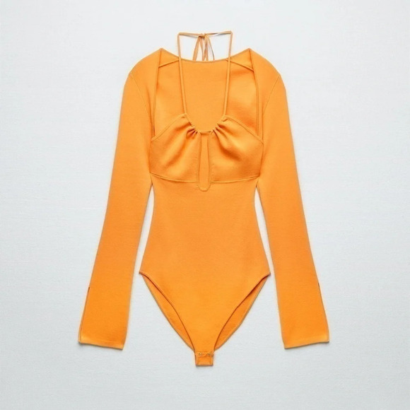 Zara Orange Cut Out Knit Bodysuit - Picture 2 of 10